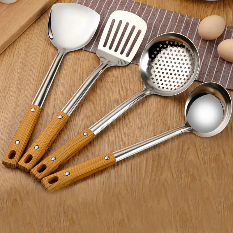 Kitchen Stainless Steel Cooking Utensils with Wooden Handle Spatulas Rice Soup Spoon Frying Shovel Colanders Cookware