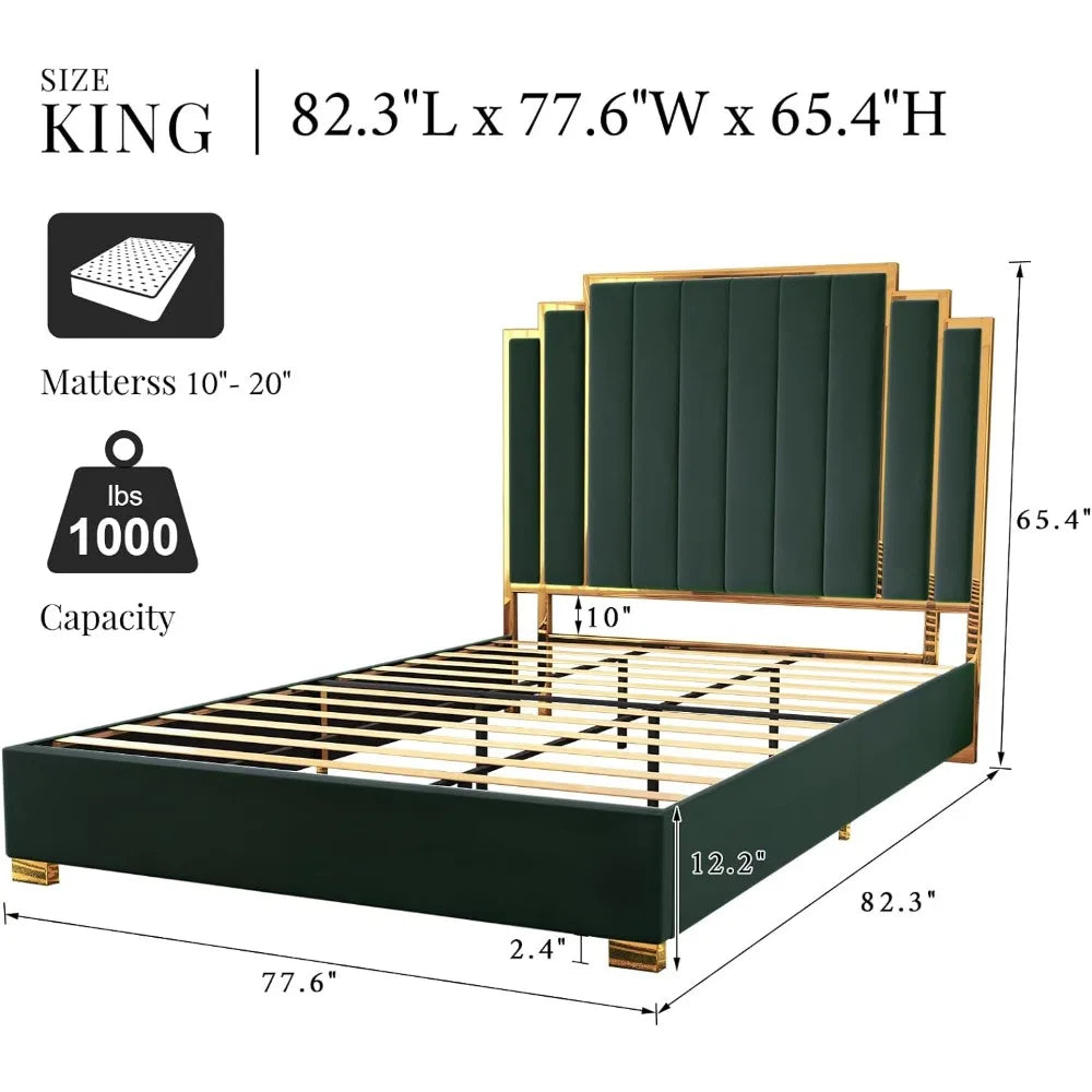 Bed Frame, 61.4" Velvet Upholstered Bed with Gold Accent Headboard, Wood Slats, Queen Platform Bed