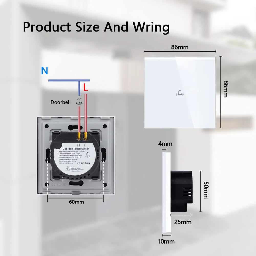 Tawoia Doorbell Touch Switch EU Standard 4 Colors Crystal Glass Panel LED Backlight Door Bell Switch 86*86mm Home Improvement