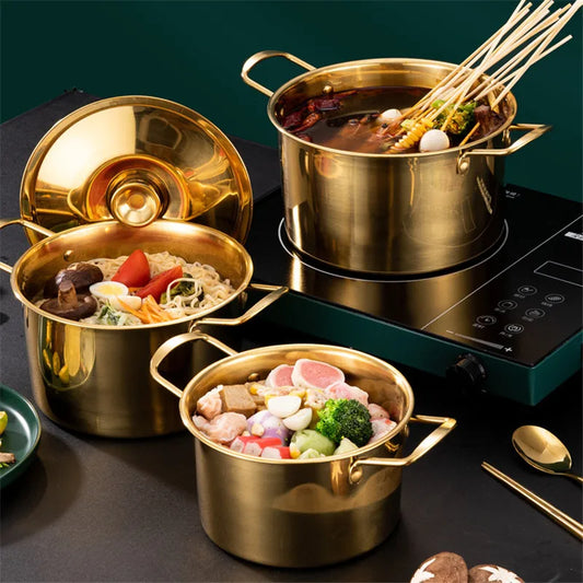 Gold Stainless Steel Kitchen Stew Pots Saucepan with Cover Durable Non-Stick Cooking Cookware Set for Induction Cooker