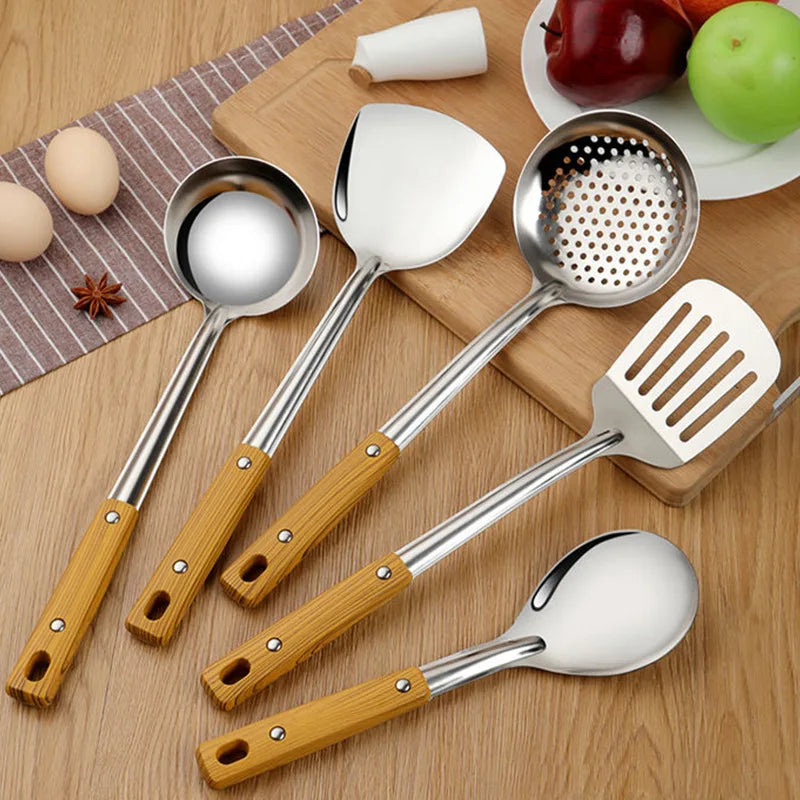 Kitchen Stainless Steel Cooking Utensils with Wooden Handle Spatulas Rice Soup Spoon Frying Shovel Colanders Cookware